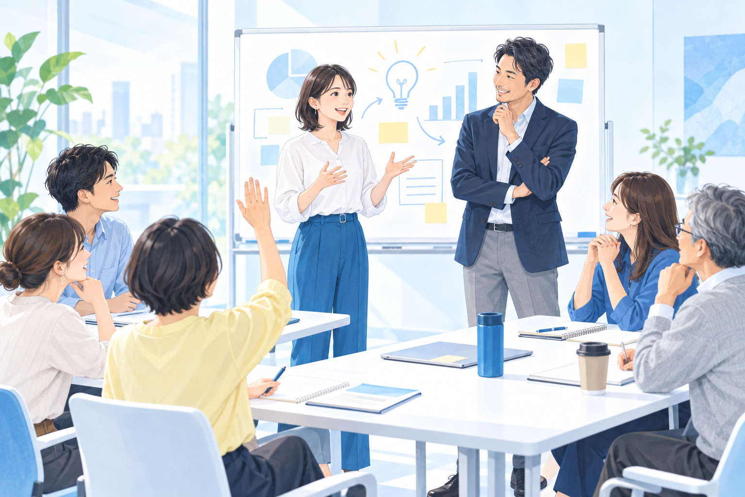 受講者が事業を発表し、講師が問いかけ、周囲の受講者が耳を傾ける創業塾のイメージイラスト