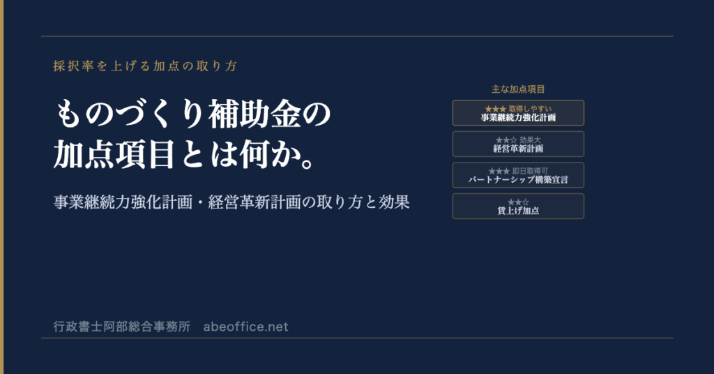 ものづくり補助金の加点項目とは何か。事業継続力強化計画・経営革新計画の取り方と効果