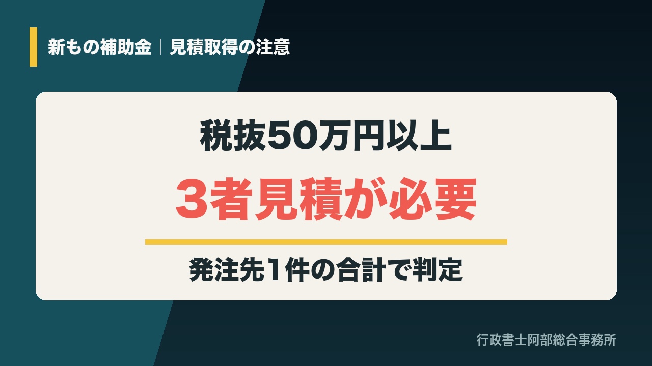 新もの補助金は税抜50万円以上で3者見積、発注先1件の合計で判定
