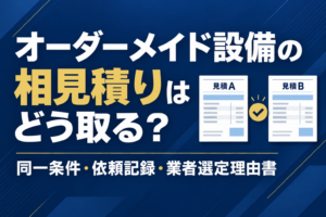 オーダーメイド設備の相見積りについて、同一条件・依頼記録・業者選定理由書を解説するアイキャッチ画像