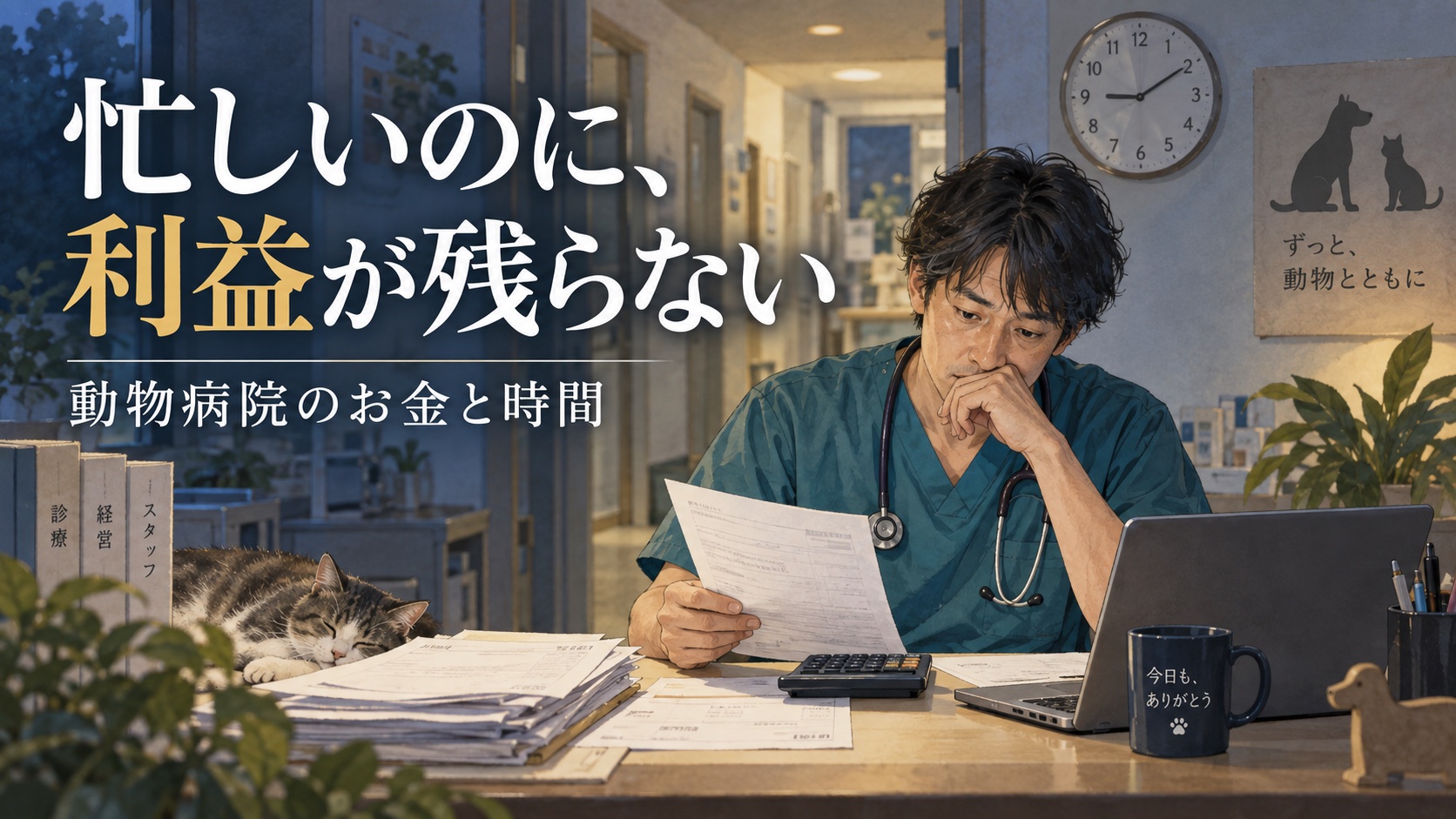 診療後に請求書を確認する院長のイラスト。動物病院のお金と時間を考える記事のアイキャッチ。