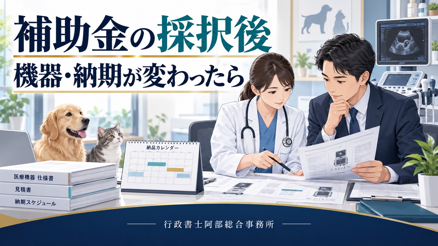 補助金採択後の機器と納期の変更を獣医師と専門家が書類で確認するイラスト